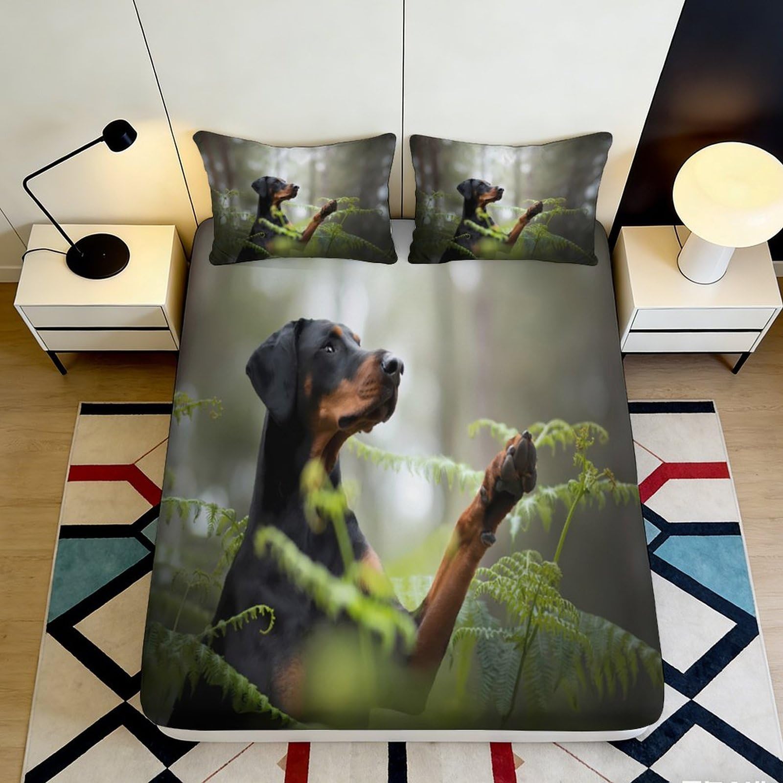 3D Printed Doberman Forest Fitted Sheet Microfiber Soft Non-slip Mattress Cover Bedroom Dorm Decor Machine Washable 140x200x25cm