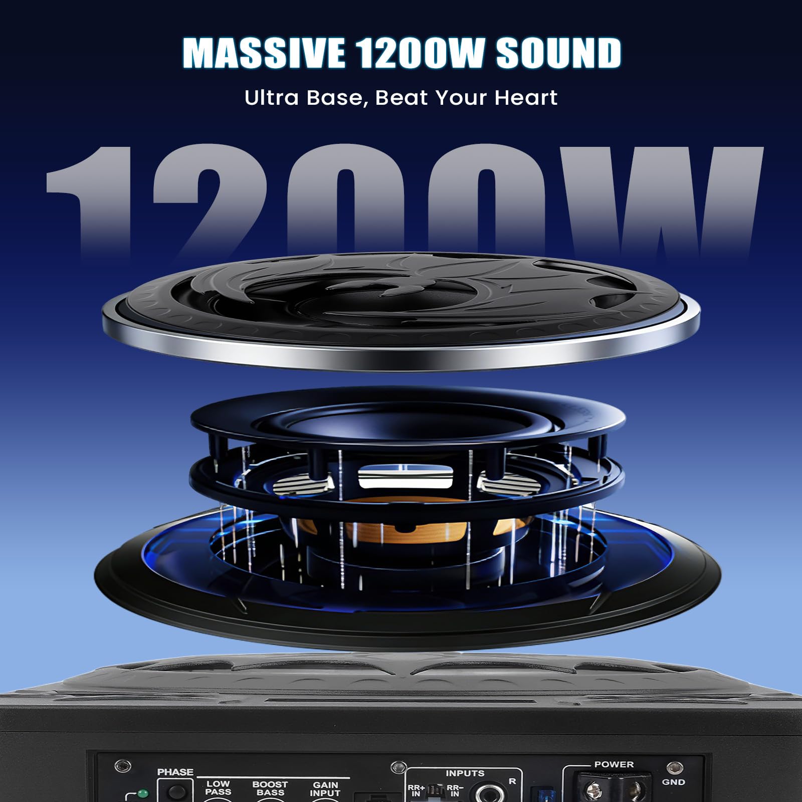 CAMECHO Subwoofer Ultraplano 1200W 70mm Bajo Asiento para Coche con Alimentación: Subsistema con Amplificador Integrado, Entrada de Alto y Bajo Nivel y Control de Volumen para SUVs y Camiones