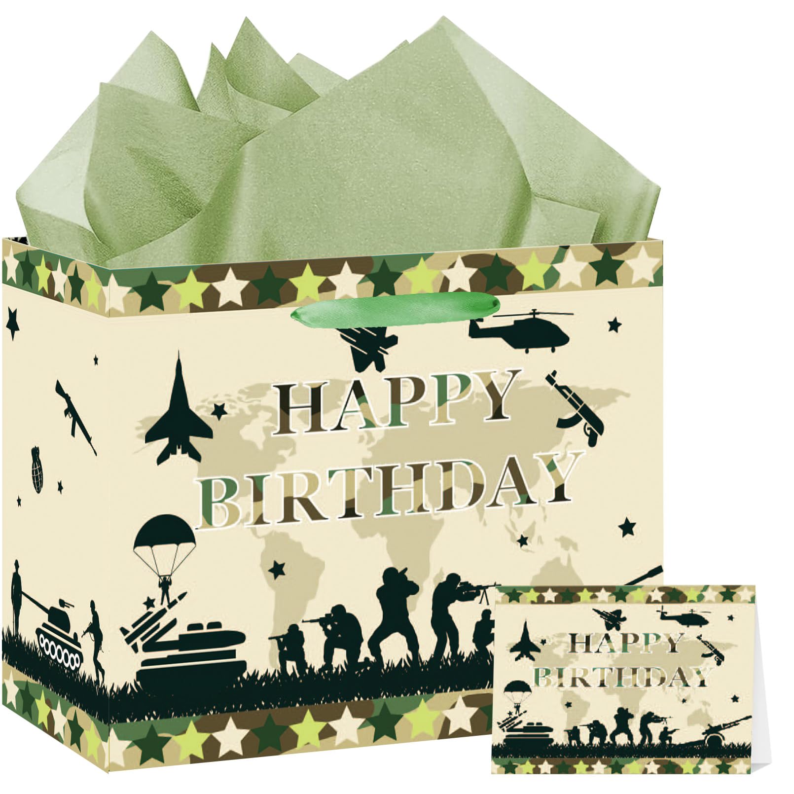 SUNDECO Camouflage Birthday Gift Bag Large Camo Gift Bag with Tissue Paper and Card Camouflage Happy Birthday Party Favor Wrapping Paper for Boy Girl
