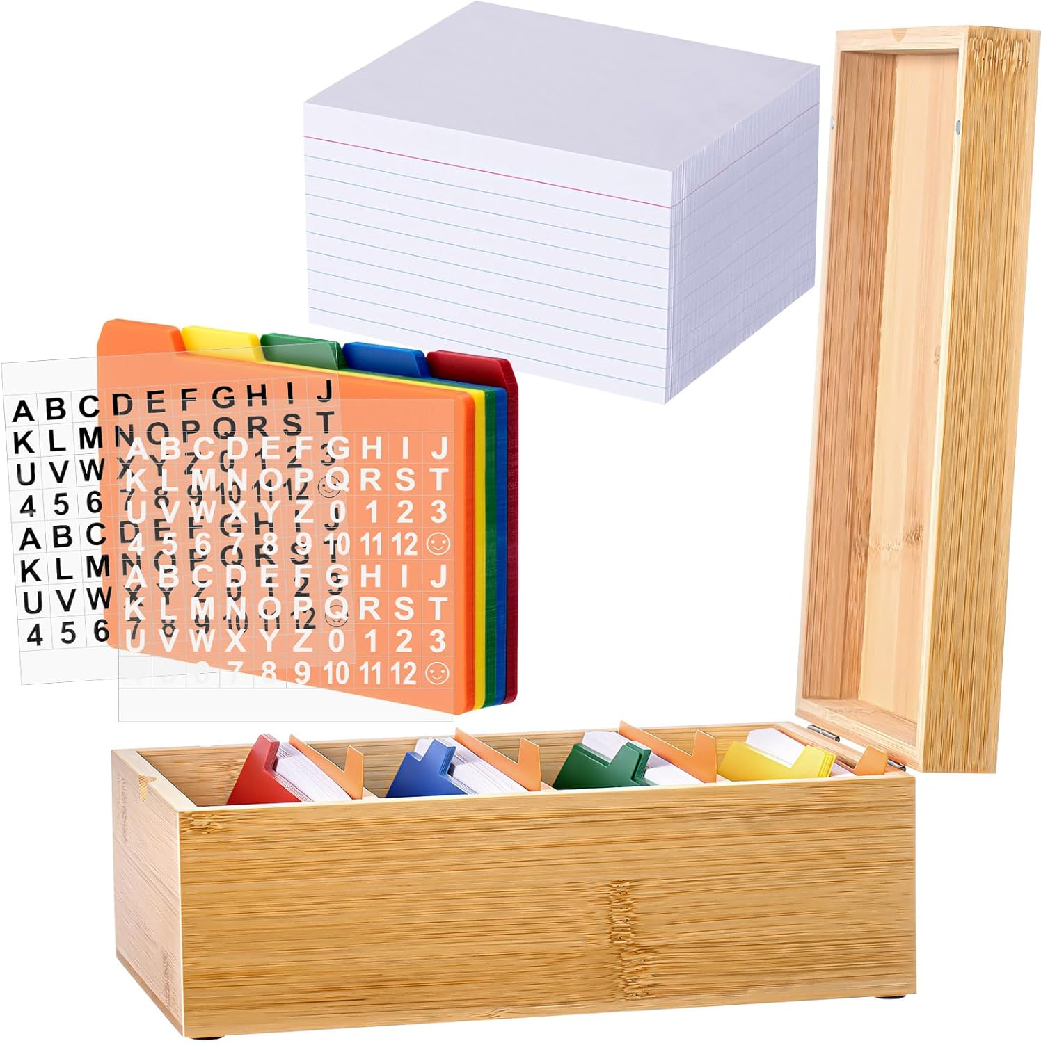 Henoyso Index Card Holder Set 3 x 5 Inches Bamboo Recipe Box Organizer Index Cards Organizer 600 Pcs Note 30 Pcs Dividers 2 Sheets Stickers File Note Box for Office Business Desk Home Kitchen