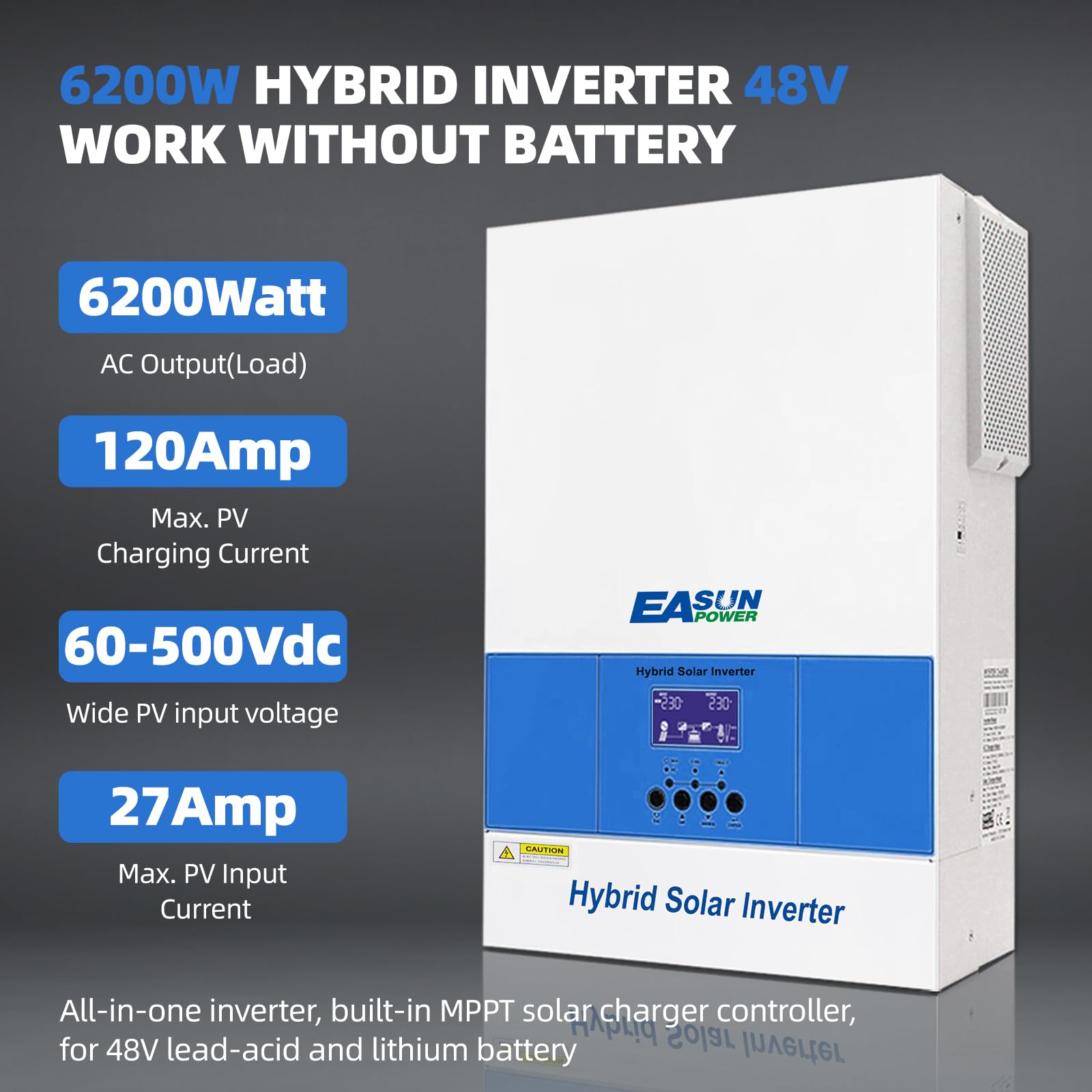 POWLAND Inversor Híbrido de 6200 W, 48 V, Onda Sinusoidal Pura Independiente de la Red, CC a CA 230 V, Máximo PV 60-500 VDC, para Baterías de Plomo y Litio, Con Módulo WiFi