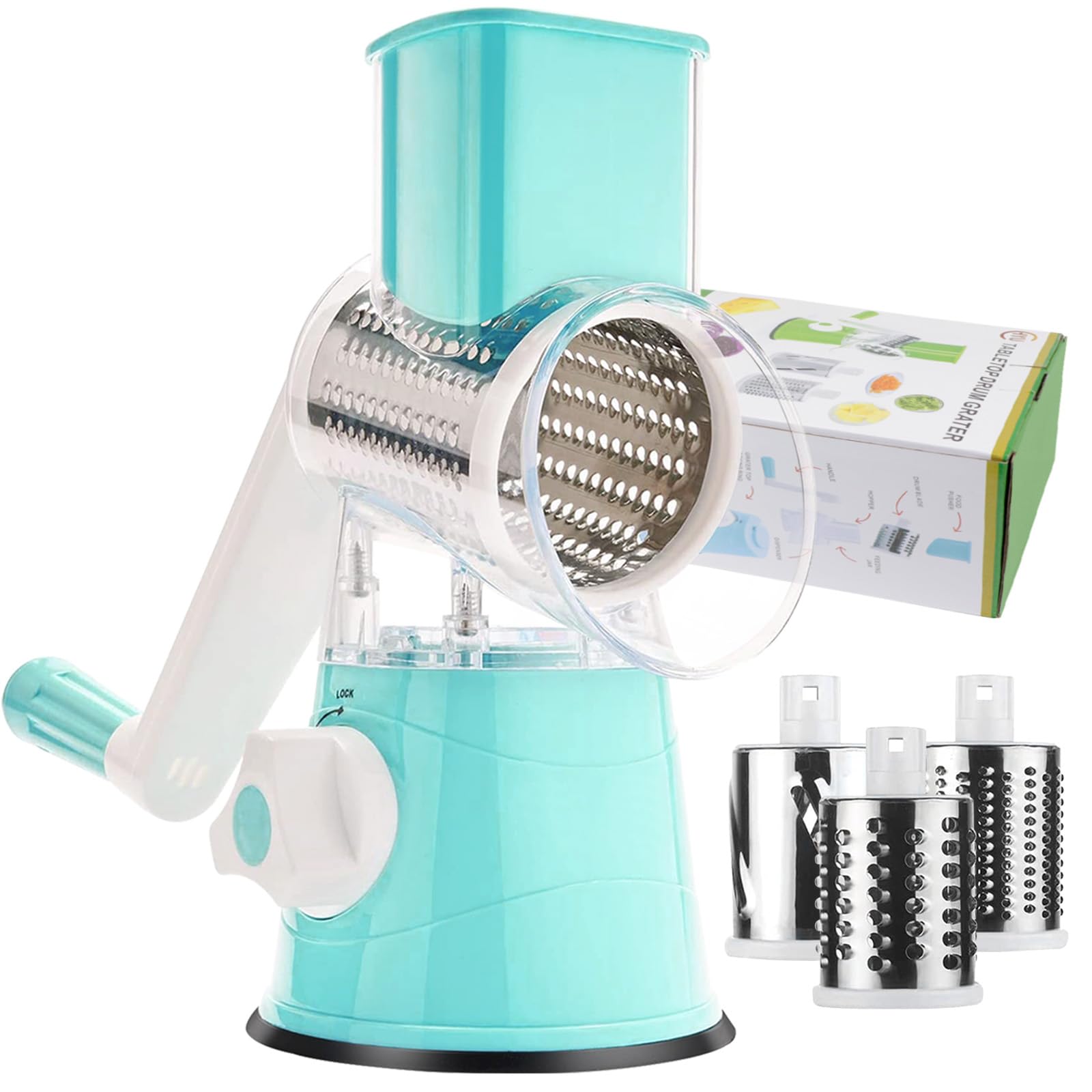Manual Rotary Cheese Grater Round Vegetable Potato Carrot 3 Interchangeable Cheese Grater Mandoline Slicer with Power Suction Base "Blue"