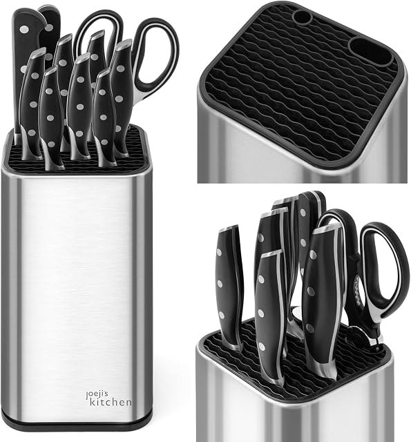 Joejis Universal Knife Block Without Knives with Extra Slots for Scissors & Sharpening Rod, Rustproof Stainless Steel Kitchen Knife Holder