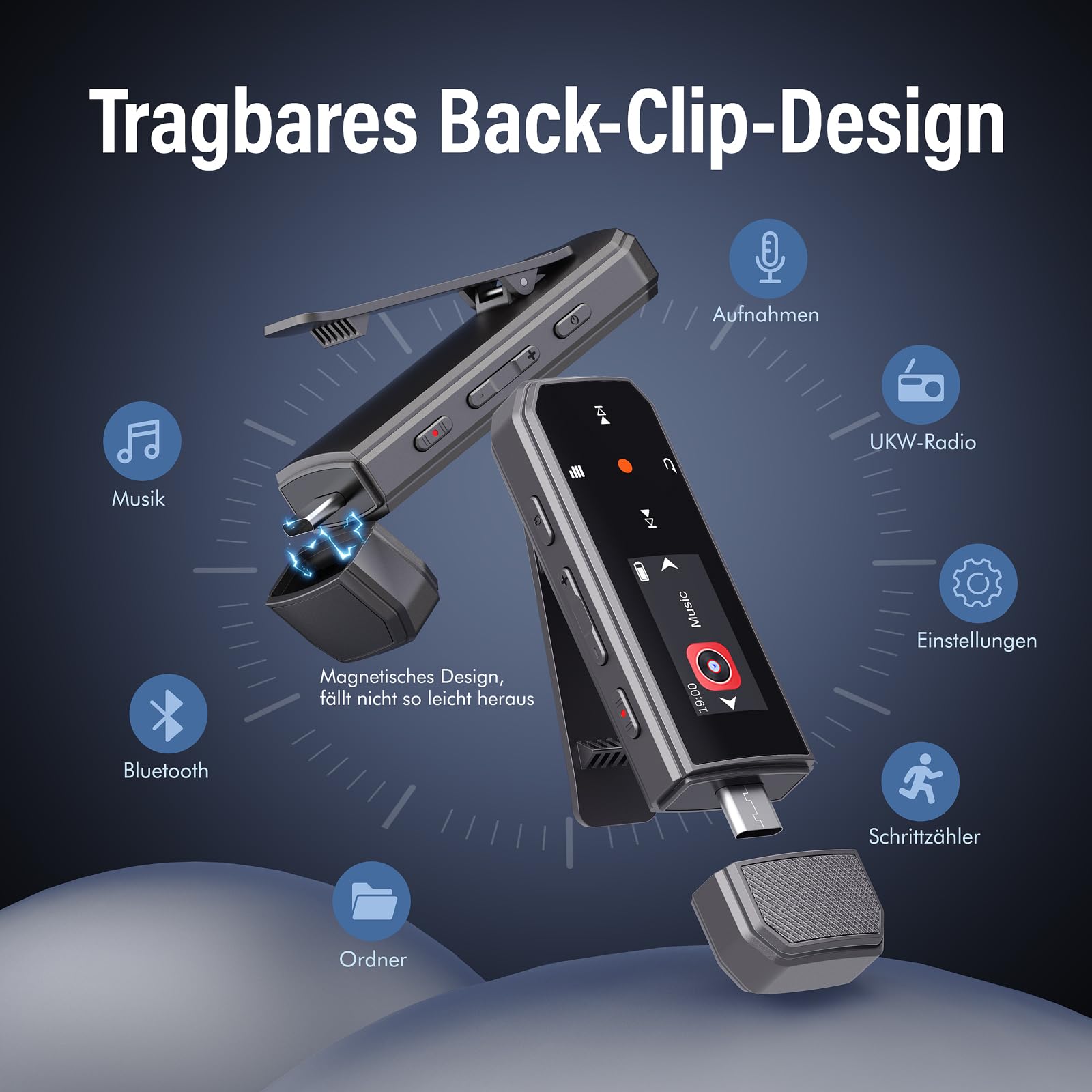 64GB Tragbarer MP3 Player Mit Bluetooth 5.3, Ein-Klick-Aufnahme, Typ-C Und USB, Clip, UKW-Radio, Mobiltelefon-Verbindung, Unabhängige Lautstärketaste