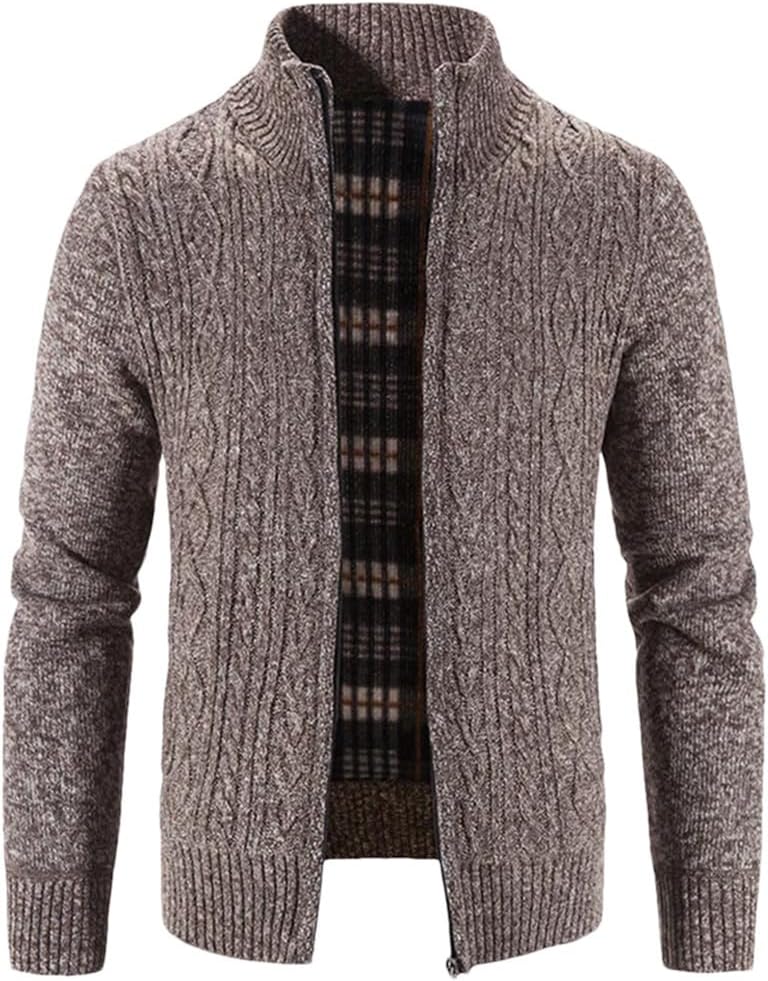 Men's Business Casual Jacket Zipper Solid Color Fleece Knit Cardigan Solid Color Casual Loose Sweater Cardigan