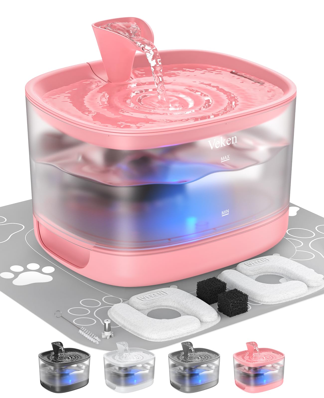 veken cat water fountain with detachable tank, easy to clean & assemble, 84oz/2.5l automatic pet drinking dispenser with quiet operation & led light for cats, dogs and small pets, red