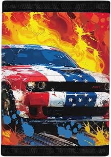 COEQINE American Flag Race Car Flame Wallet For Little Boys 4-6-8-10-12-14,Youth Wallets for Travel Trifold Pocket Credit Card Holder Slots Birthday Gifts for Car Lovers