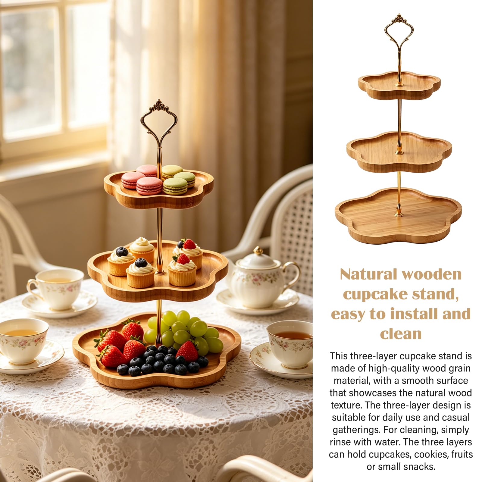 Soporte para tartas de 3 niveles, de madera, 19,5 cm de diámetro, 24,5 cm de diámetro, 30,5 cm de diámetro, 3 niveles y diseño de flores, para cupcakes, postres, fiestas, casa, cumpleaños