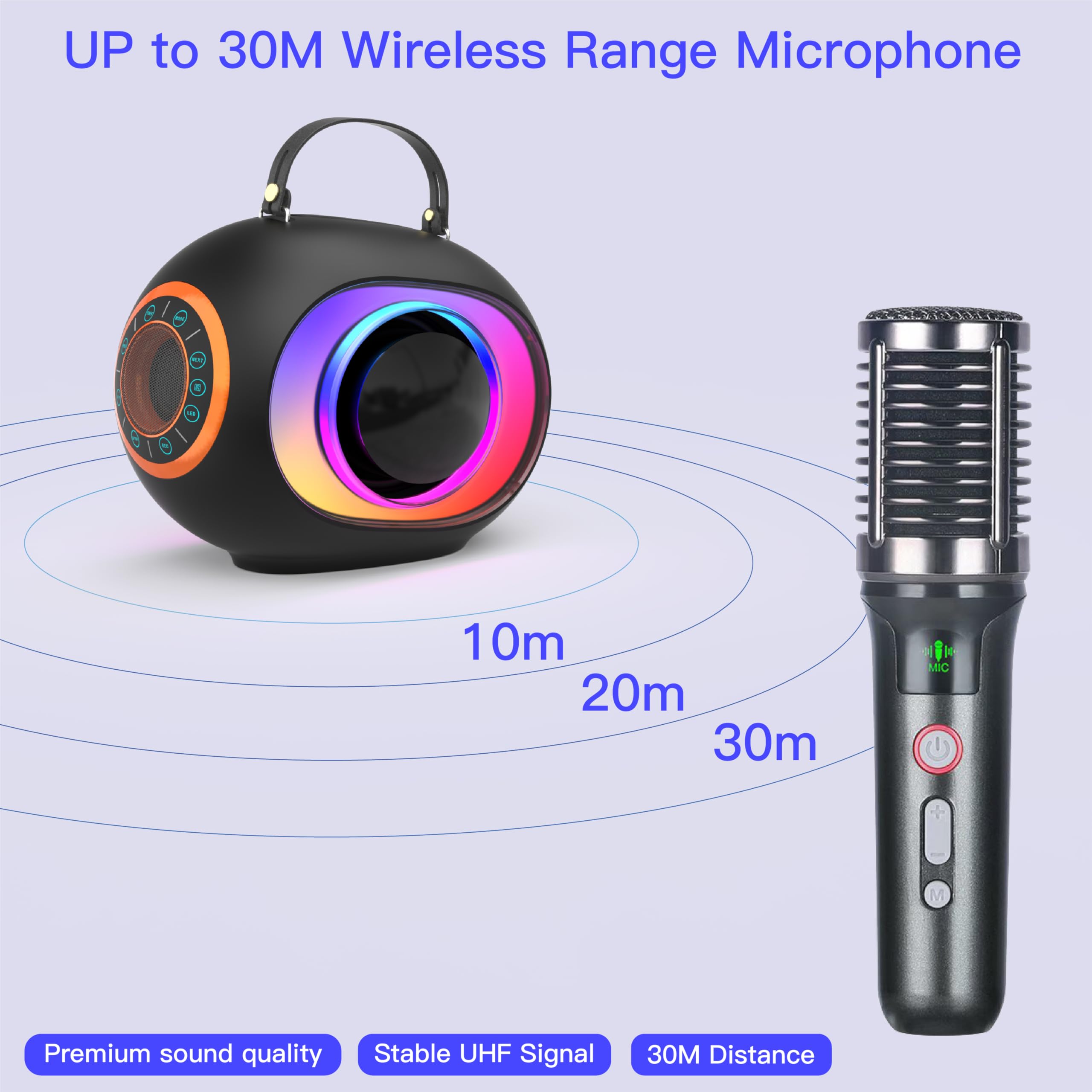 Máquina de karaoke, altavoz Bluetooth con radiadores pasivos visualizados duales, 2 micrófonos y sistema PA y luz de discoteca, bajos/agudos/eco, soporta TV/TF/USB/AUX/Live para fiestas en casa, al