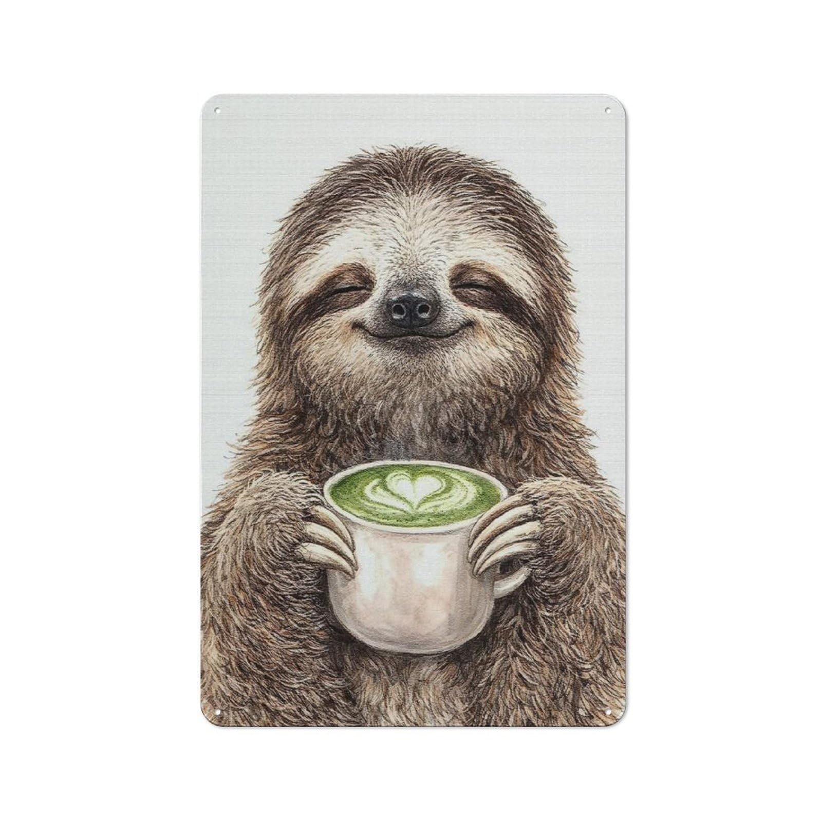 Junmoney Style-20 Loft Style Metal Wall Art Sign 30X20cm Featuring Sloth Enjoying Matcha Latte, Urban Room Decor For Loft, Studio, Office Or Creative Room