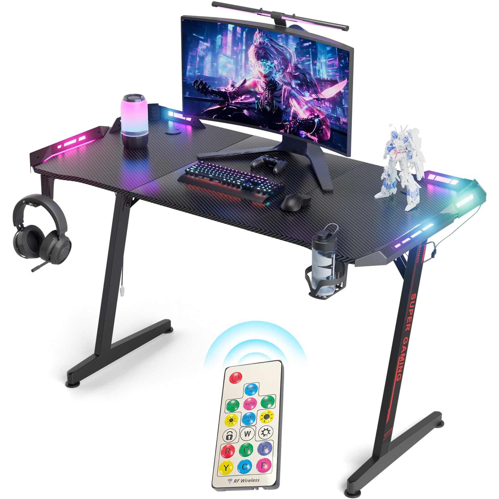Huracan Tavolo da gaming da 120 cm con LED e 10 livelli di luminosità, scrivania da gaming con superficie in fibra di carbonio, tavolo per PC a forma di Z, con gancio per cuffie e portabicchieri