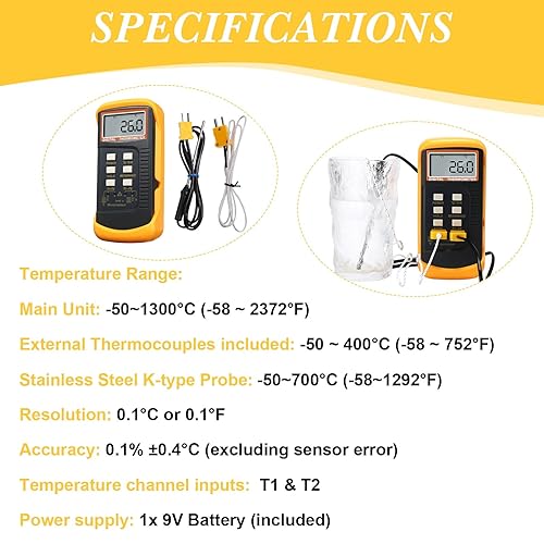 Miniatura 4 de Termómetro digital tipo K de 2 canales con 8 termopares (cable y acero inoxidable) -50 a 2,372.0 F (-58 a 2372F) Medidor de medición doble,