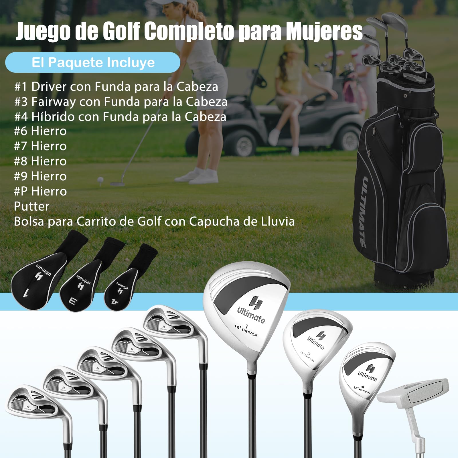 GYMAX Juego Completo de Golf para Mujer, Set Completo para Principiantes con 460CC #1 Driver, #3 Fairway, #4 Hybrid, #6, #7, #8, #9 & #P Hierros y Putter