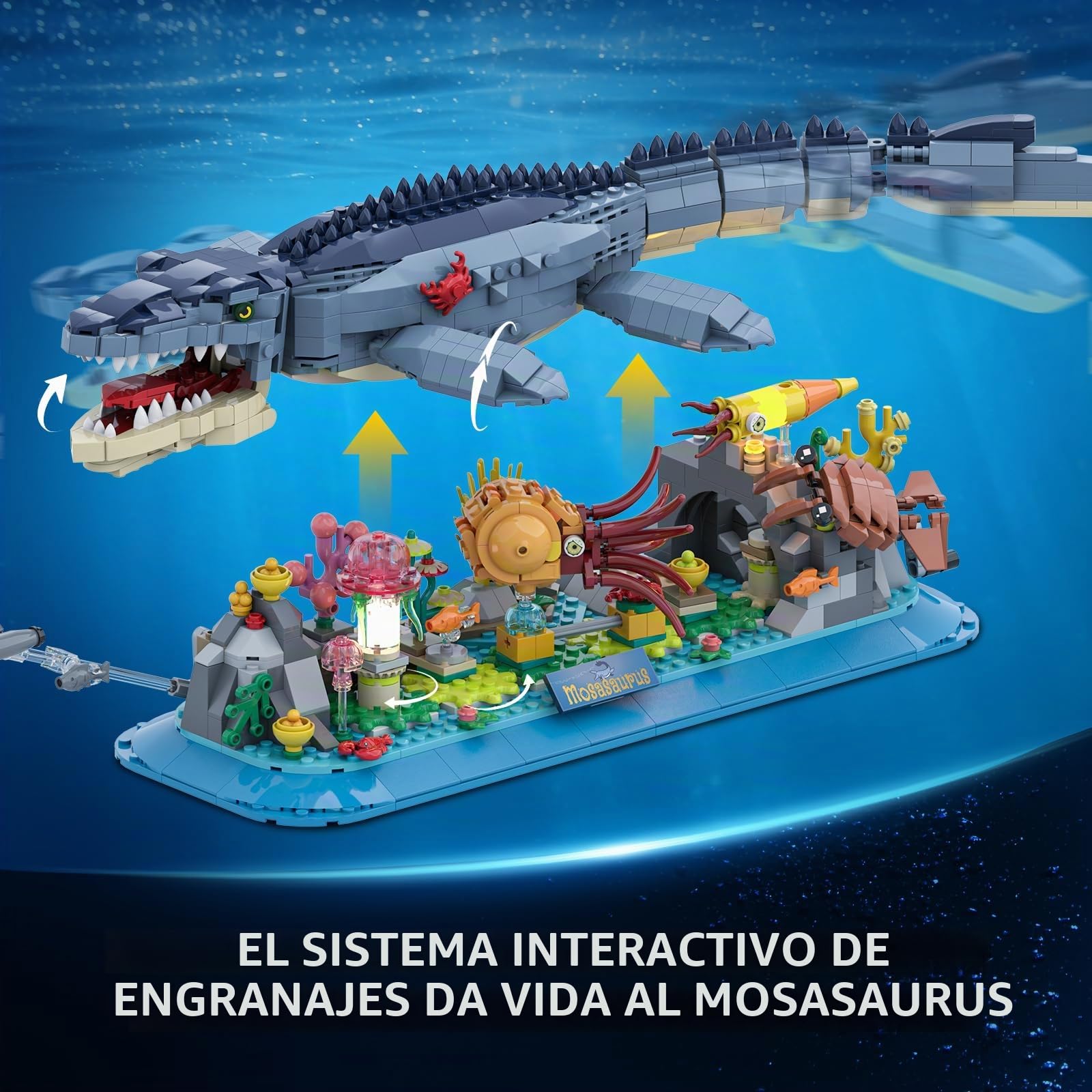 INSOON Mosasaurus - Juguete de construcción con luz, 1219 Piezas, diseño de Animales móviles con nautilussen Medusas arrecifes de Coral, Bloques de sujeción para decoración del hogar, Regalo para