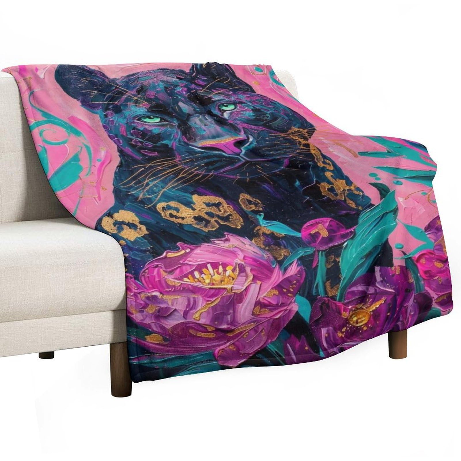 YHGSREUOH Black Panther with Peonies 02 Flannel Blankets Fleece Soft Throw Lightweight Plush Gifts for Couch, Bed, Cozy Sofa Plush, Chair, Lovers 32x48inch(80x120cm)