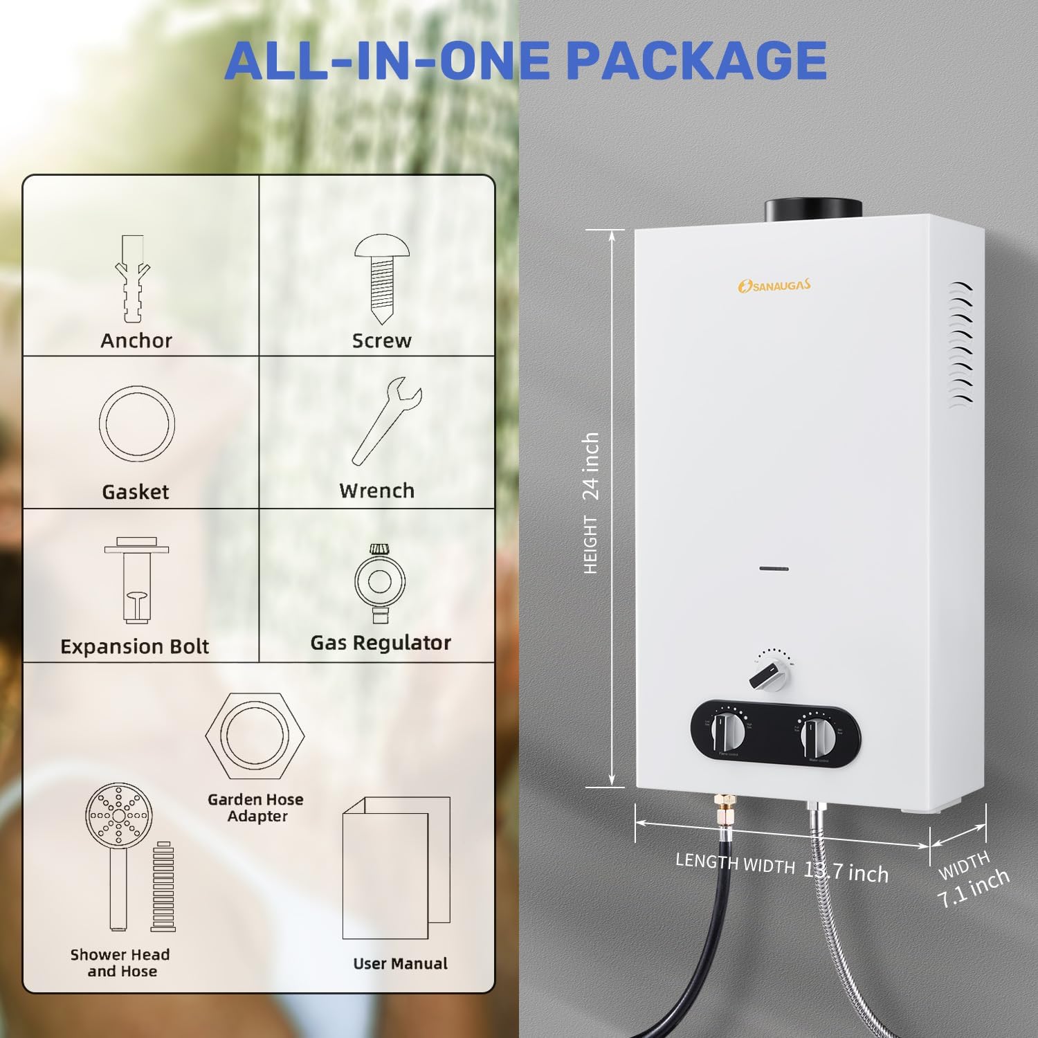 Tankless Water Heater Propane, 2.64 GPM 10L Portable Propane Camping Water Heater with Overheating Protection, for RV Camping, Pet Bathing, Barn & Cabin(White)