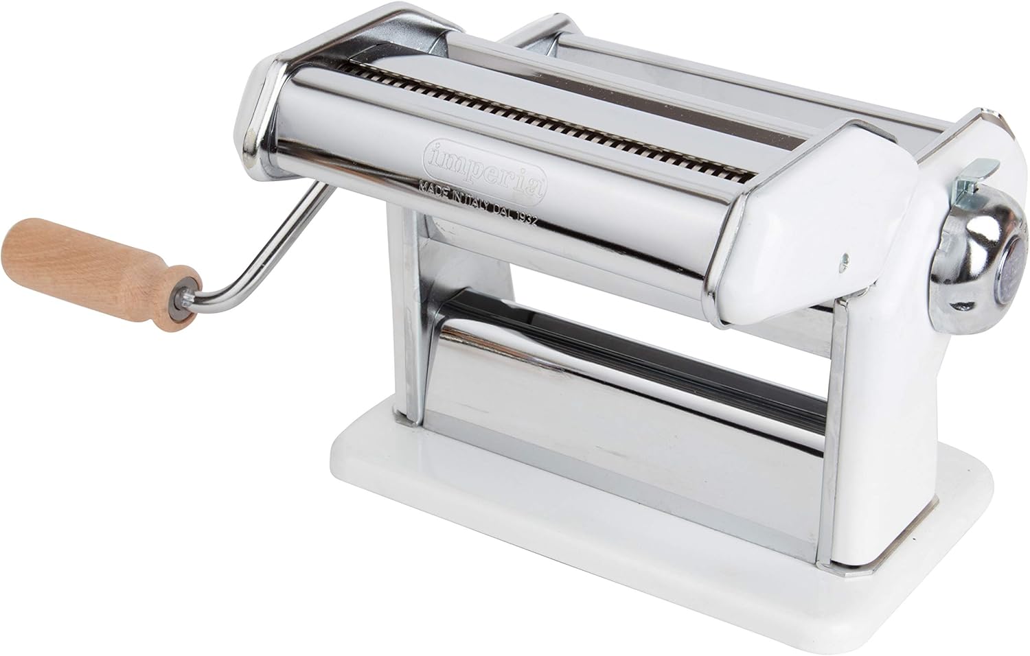 Imperia Pasta Maker Machine, White, Made in Italy- Heavy Duty Steel Construction w Easy Lock Dial, Wood Grip Handle for Authentic Italian Pasta Noodle Cooking, Homemade Holiday Cooking, Entertaining