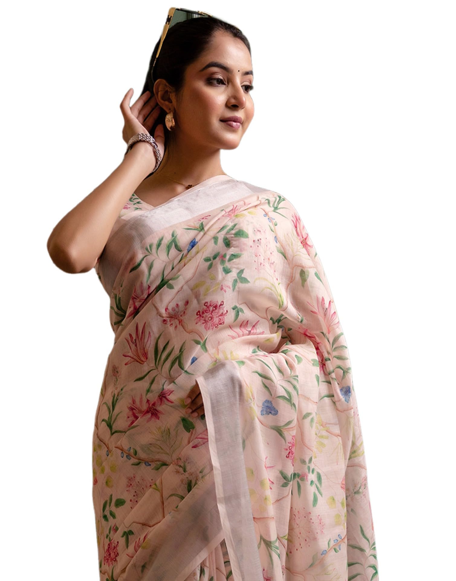 siril Women's Cotton Linen Floral Printed Ready to Wear Saree With Unstitched Blouse Piece-picture-28