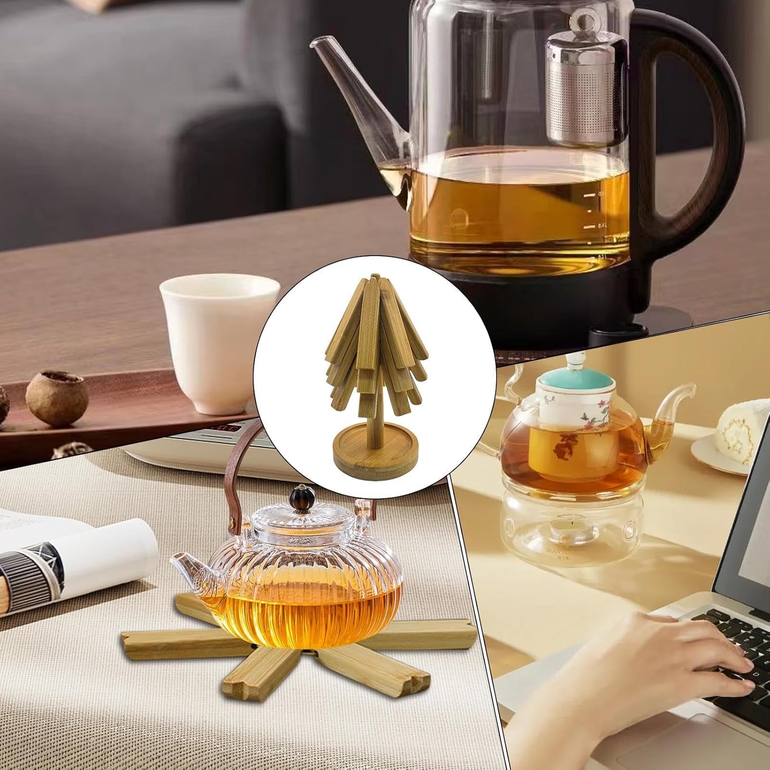 スタンド付き木製五徳 | 木型の耐熱断熱マット | 折りたたみ式ホットプレート スタンド付き ポットボウル キッチンカウンター ポッ