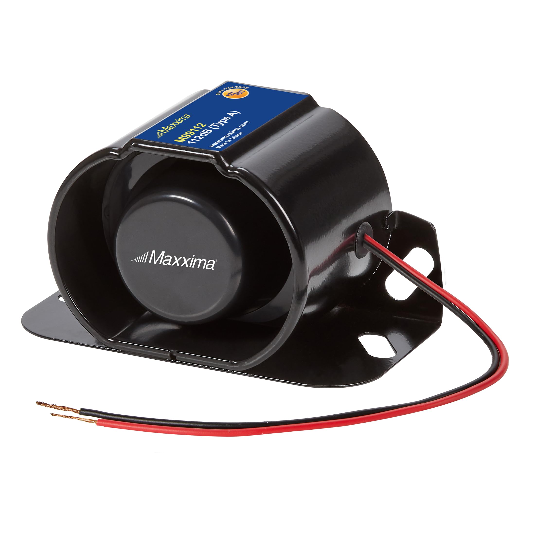 Maxxima Alarma de respaldo resistente de 112 dB, 12-80 V CC, SAE J994 tipo A, resistente a la intemperie, con cable duro para camiones, construcción y vehículos industriales