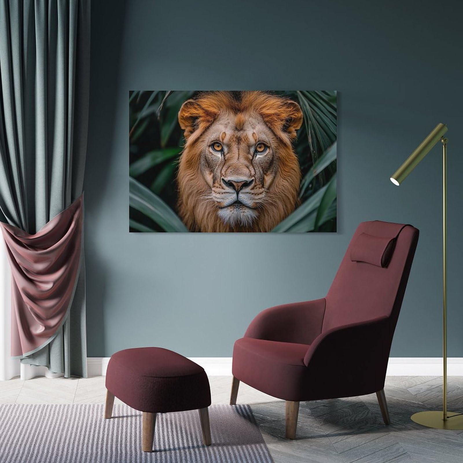 Junmoney Majestic Lion Portrait in Lush Foliage Canvas Wall Art 24x36inch(60x90cm), for Wall Displays, Bedrooms Or Room Updates, Ideal for Building A Coordinated Art Wall