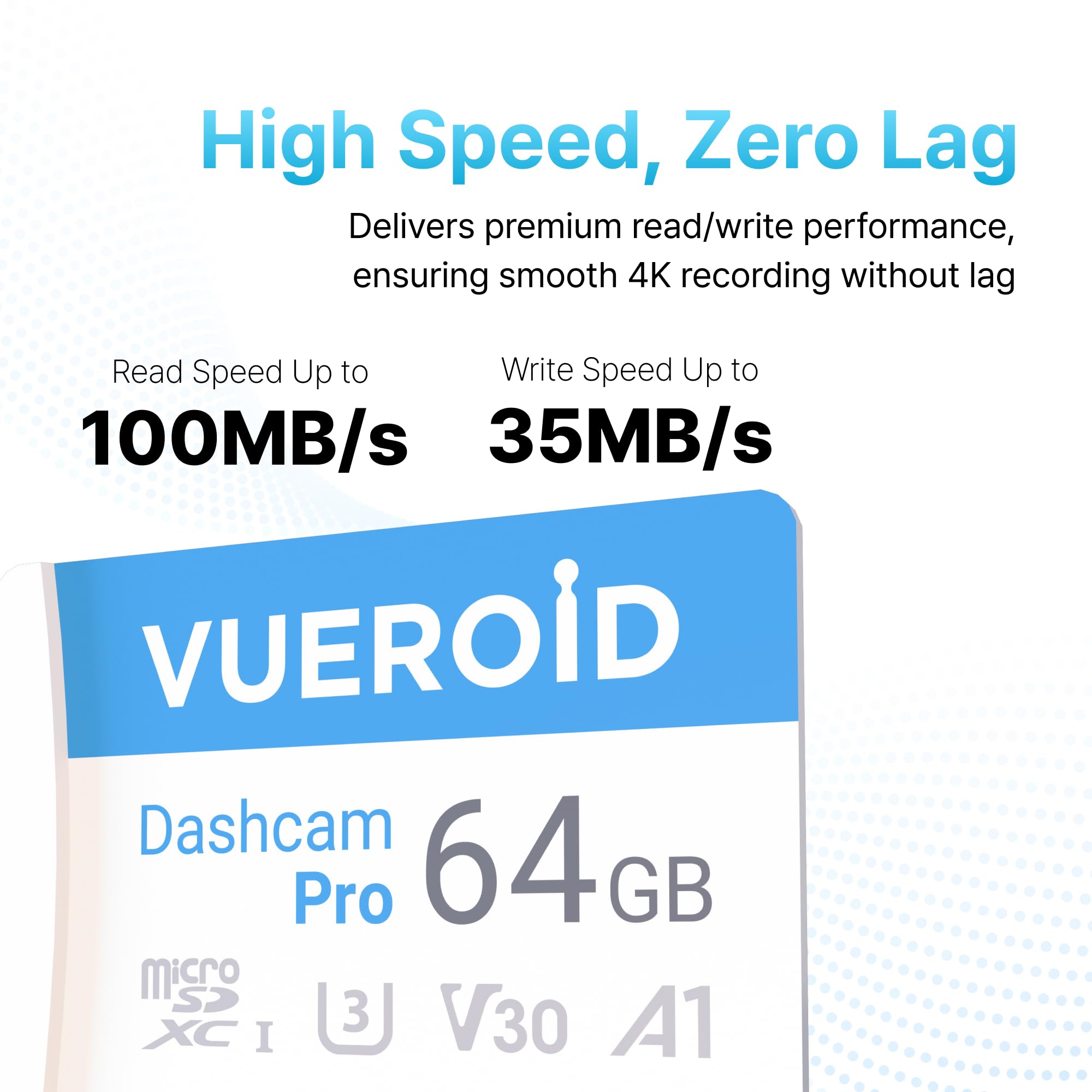 Scheda microSD Dashcam Pro da 64 GB con adattatore per lettore, C10, V30, UHS-I, classe 10, A1, scheda di memoria ad alta velocità per video 4K UHD, velocità di lettura fino a 100 MB/s