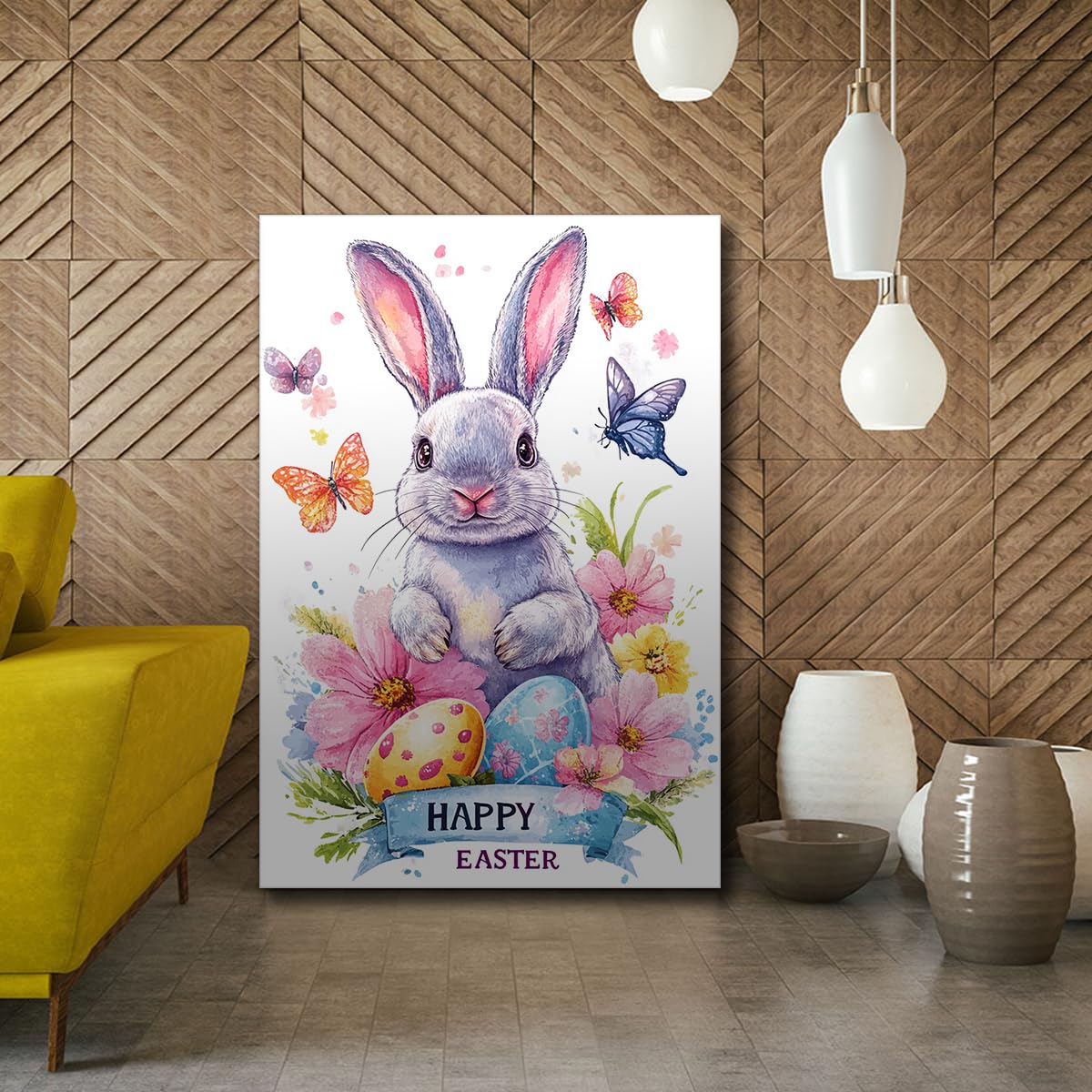 Estampado de huevos de Pascua con punteado de conejo en acuarela sobre patrones de lienzo Imágenes Ilustraciones navideñas mariposas para la decor de las escaleras del pasillo dormitorio 75x115cm