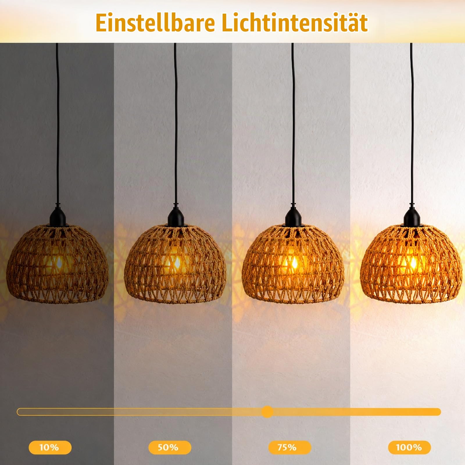 Rattan Hängelampe 2pcs, E27 Retro Pendelleuchte mit Dimmbar Schalter, Vintage akku Hängelampe, Boho Lampe, Indoor/Outdoor Hängeleuchte für Schlafzimmer Foyer Balkon