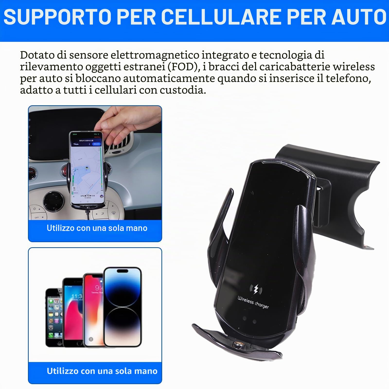 Supporto per telefono cellulare auto compatibile con Fiat 500 2016-2024, console centrale, supporto per telefono cellulare a rotazione 360° (stile C carica wireless)