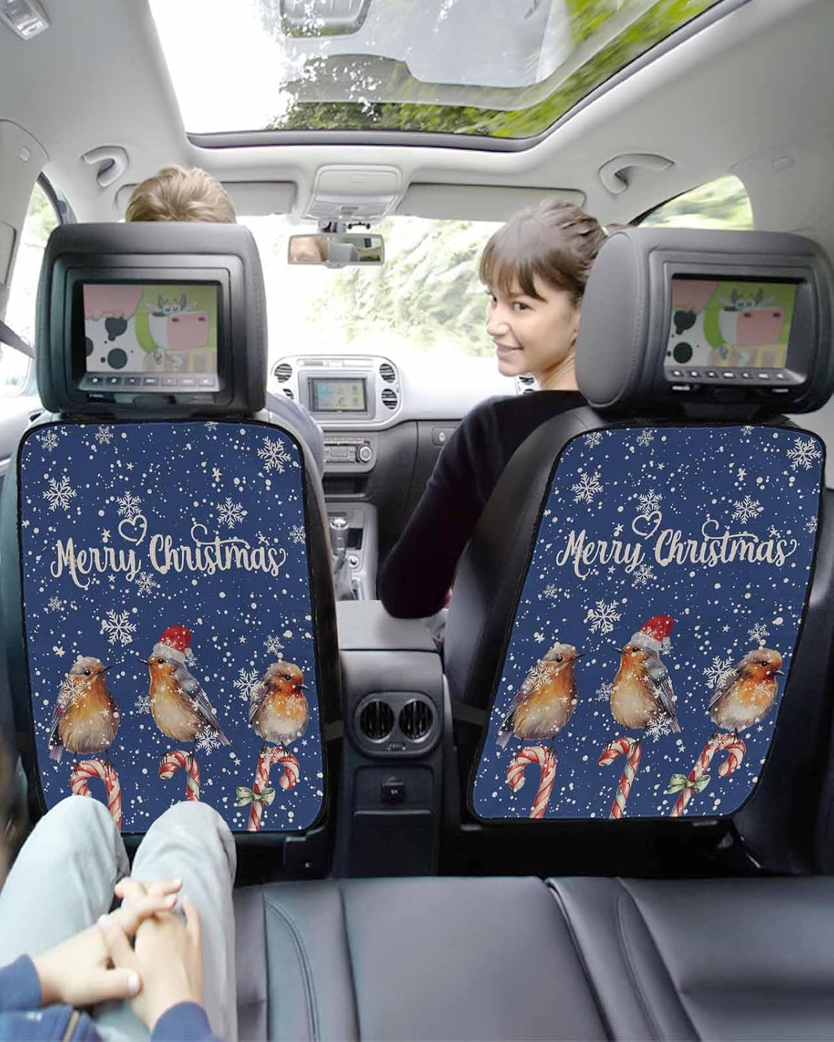 Car Seat Protector, 2 Pack Kick Mats Back Seat Protector Merry Christmas Robins Stand on Candy Cane Snowflake Blue Waterproof Backseat Cover for Kids Universal Fit Automotive Interior Protectors