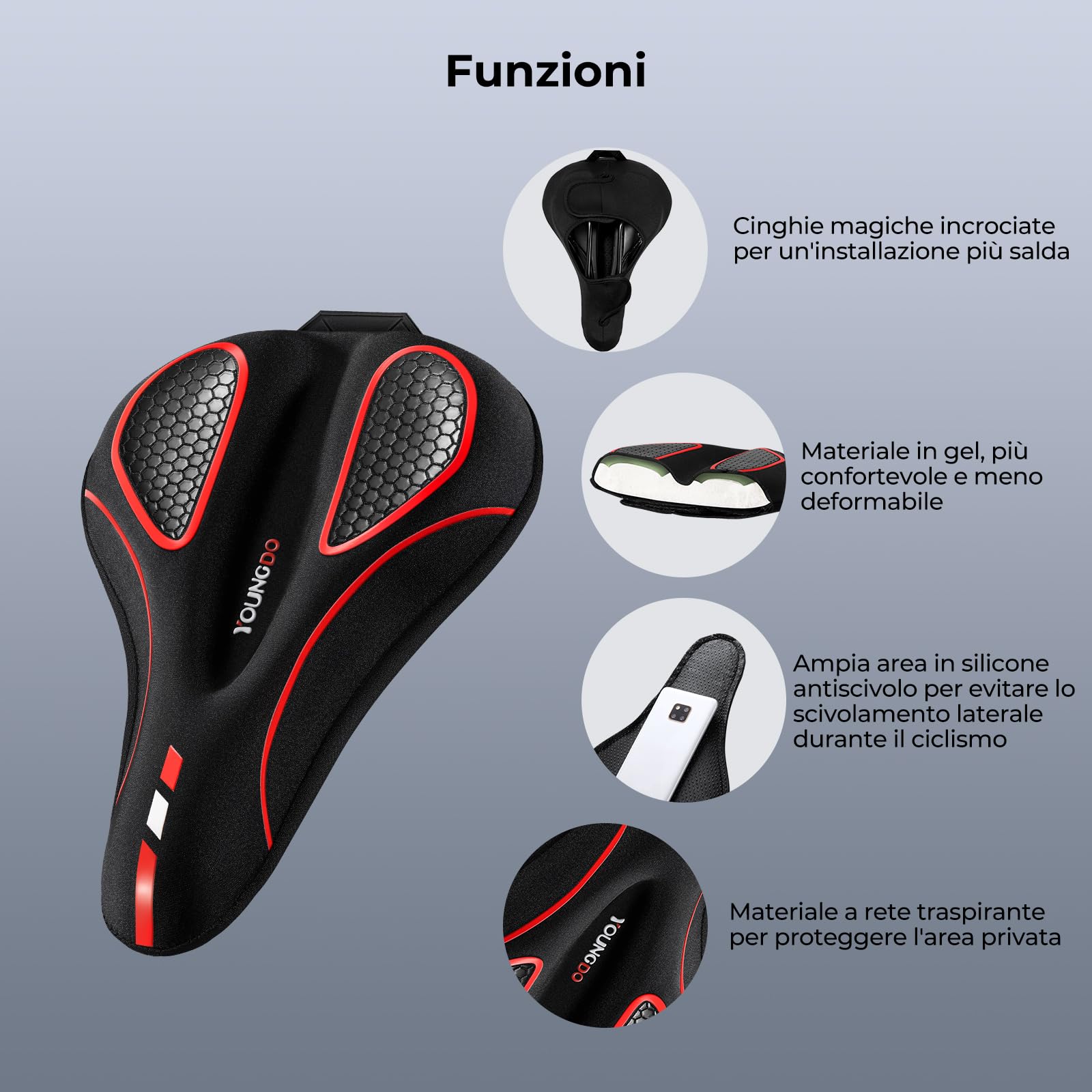 YOUNGDO Coprisella Bici Gel, Copri Sella Sellino Bici in Gel, Morbido e Confortevole, con Copertura Impermeabile, per Bici da città, Bici da strada, MTB, E-Bike