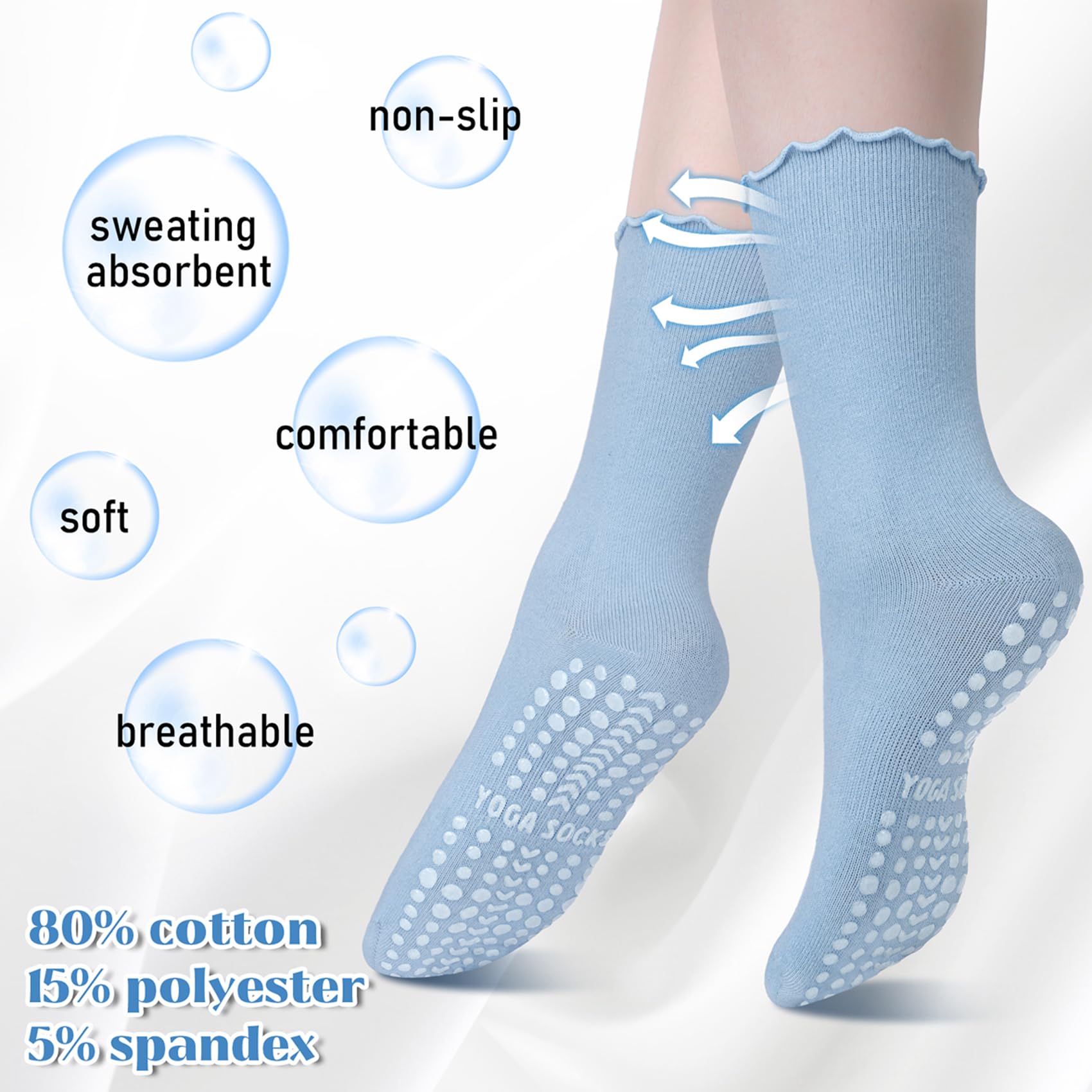 Darller 5 Pairs Pilates Socks with Grips for Women Non Slip Ruffle Grippy Yoga Socks for Barre Workout Hospital, Colorful 5 Pairs