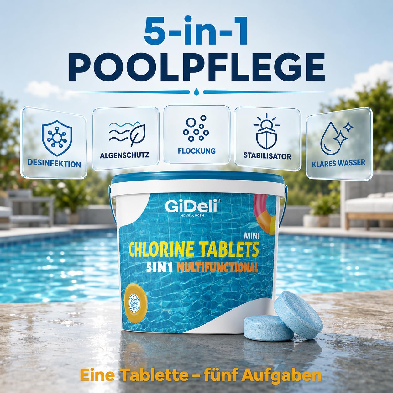 GiDeli Mini Chlortabletten Multifunktional 5kg im Eimer - Langsamlösliche 20-g-Multitabs für kleine Pools - Für Aufstellbecken, aufblasbare Pools & Gartenpool - Algenschutz UV-stabilisiert Flockung