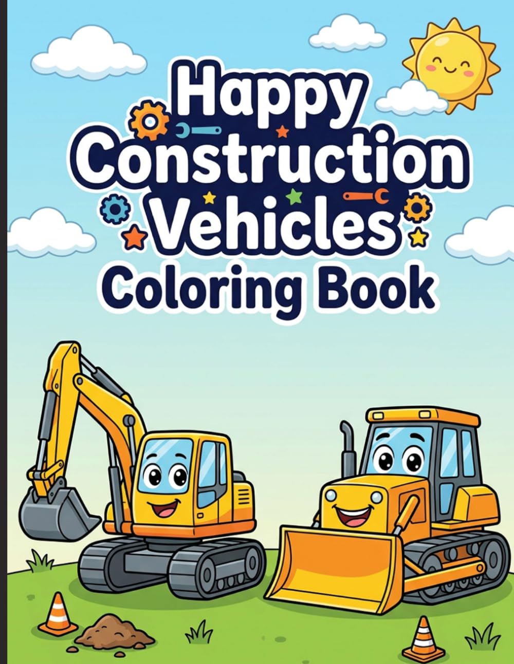 Happy Construction Vehicles Coloring Book: Cute Coloring Book for Toddlers Ages 3-7 Simple and Easy Diggers Trucks and Cranes with Big Smiling Faces
