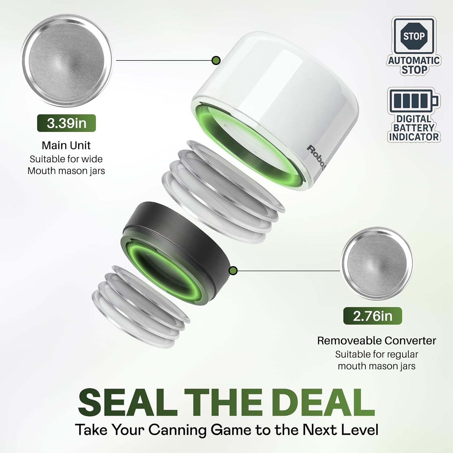 RoboSeal Rechargeable Mason Jar Vacuum Sealer for Mason Jars Wide & Regular Mouth, One Touch Operation Canning, 50 Jar Lids & Jar Opener Included, Digital Battery Indicator, Preserves Foods 5x Longer