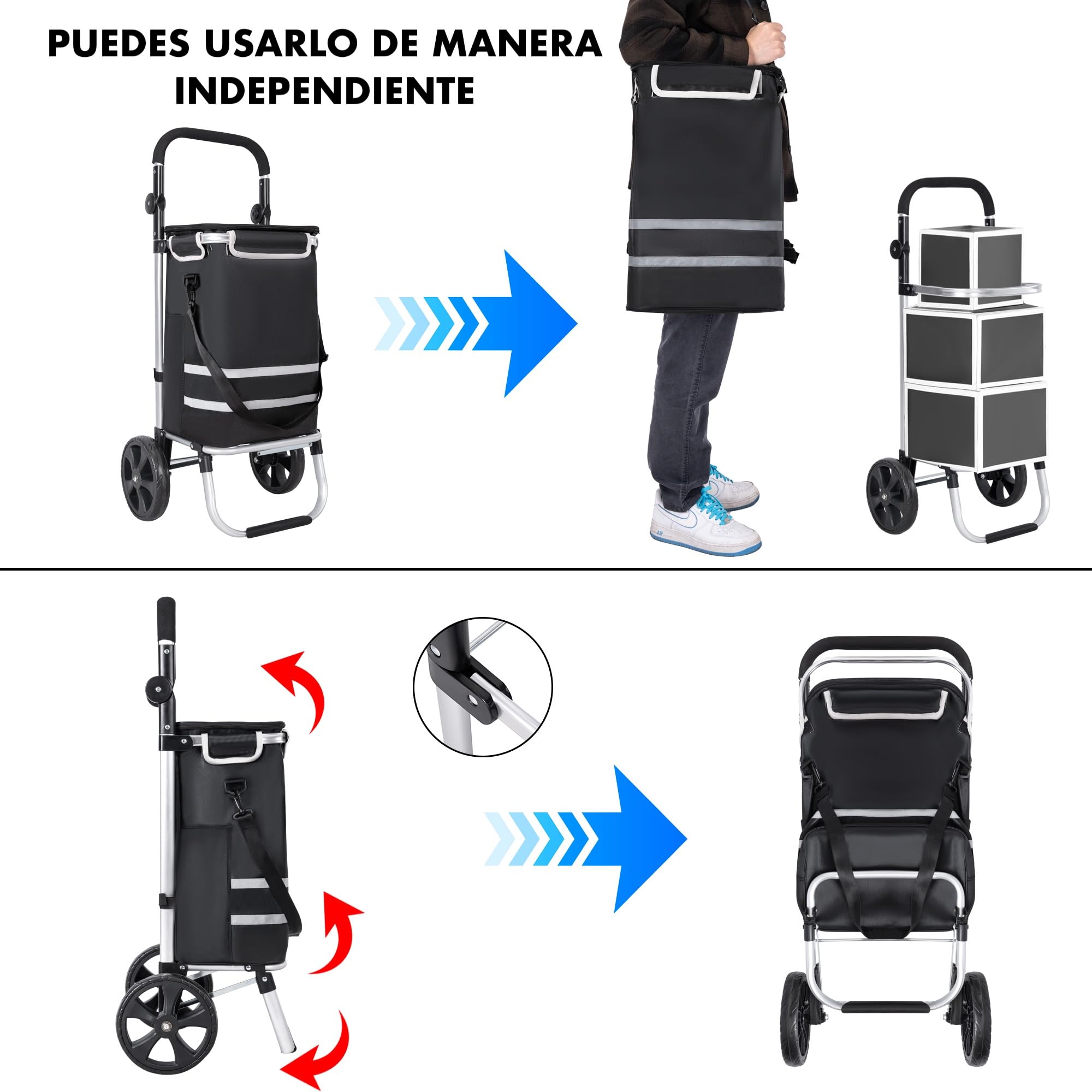 T-LOVENDO.ES Carro Compra Plegable Ruedas Grandes Aluminio Ligero Bolso Térmico Aislamiento Reflectante Bolsa Extraíble Transporte Fácil Ergonómico Resistente Compacto Multifunción Urbano