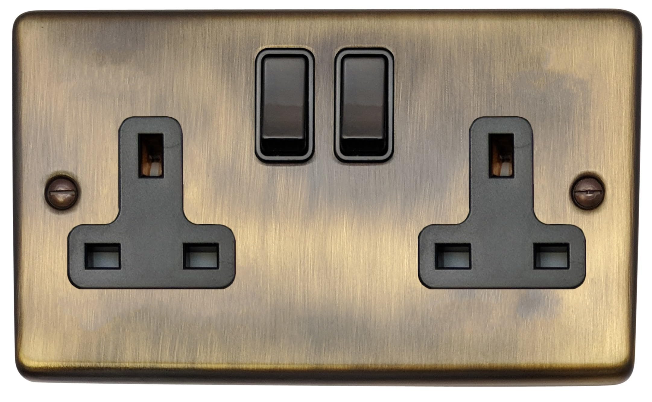 G&H Brassware Antique Brass,Black Cab10b 13A Double Pole Antique Brass Double Socket - Black Rockers And Black Inserts