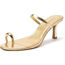 Adrizzlein Women's Kitten Heels Metallic Toe Ring Heeled Sandals Slip On Heels Open Toe Strappy Fashion Shoes