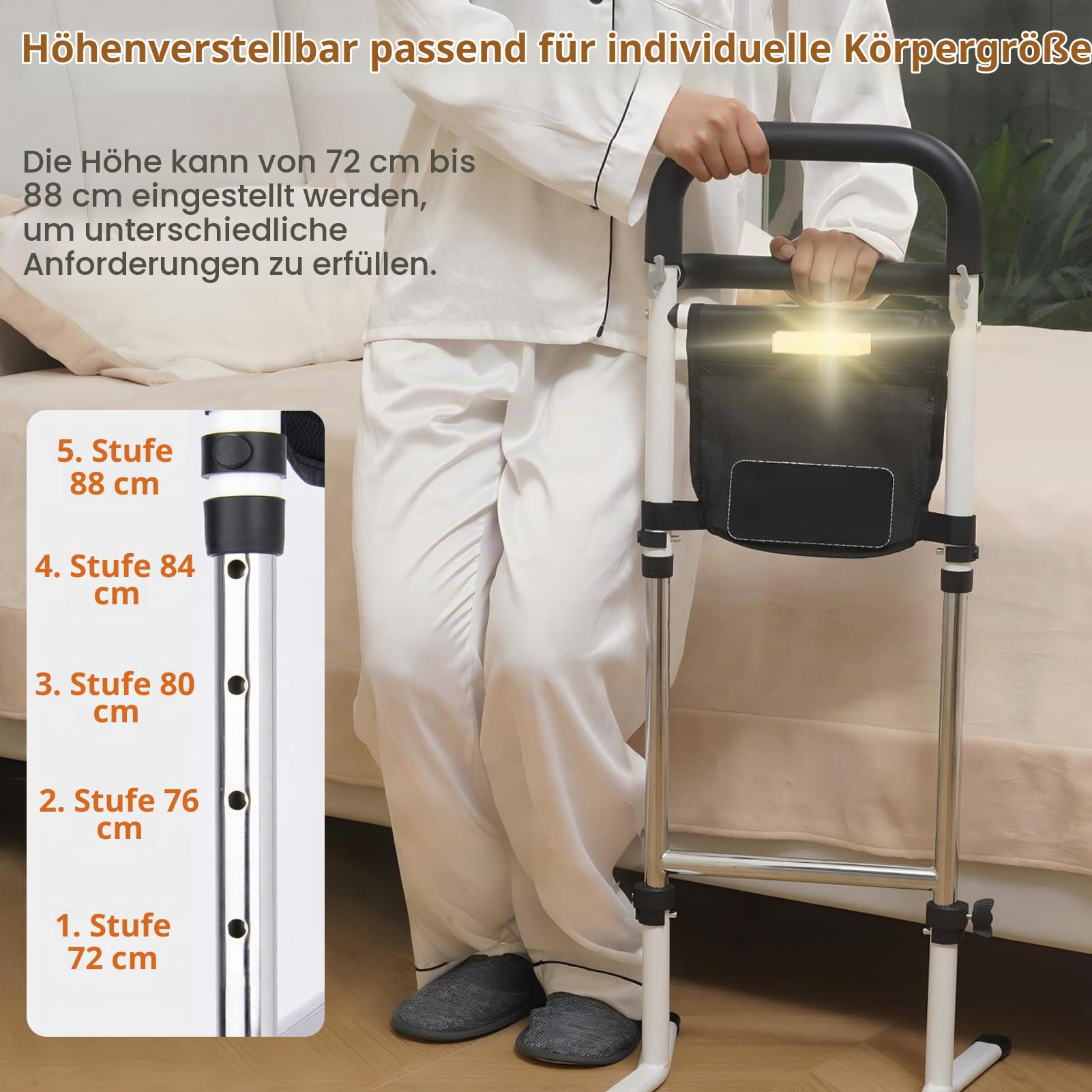 Aufstehhilfe Bett/Sofa/Toilette, Gehhilfe für Senioren, 5-Fach Höhenverstellbar, Stehhilfe mit Tasche und Sensorlicht, Max Tragfähigkeit 150 kg