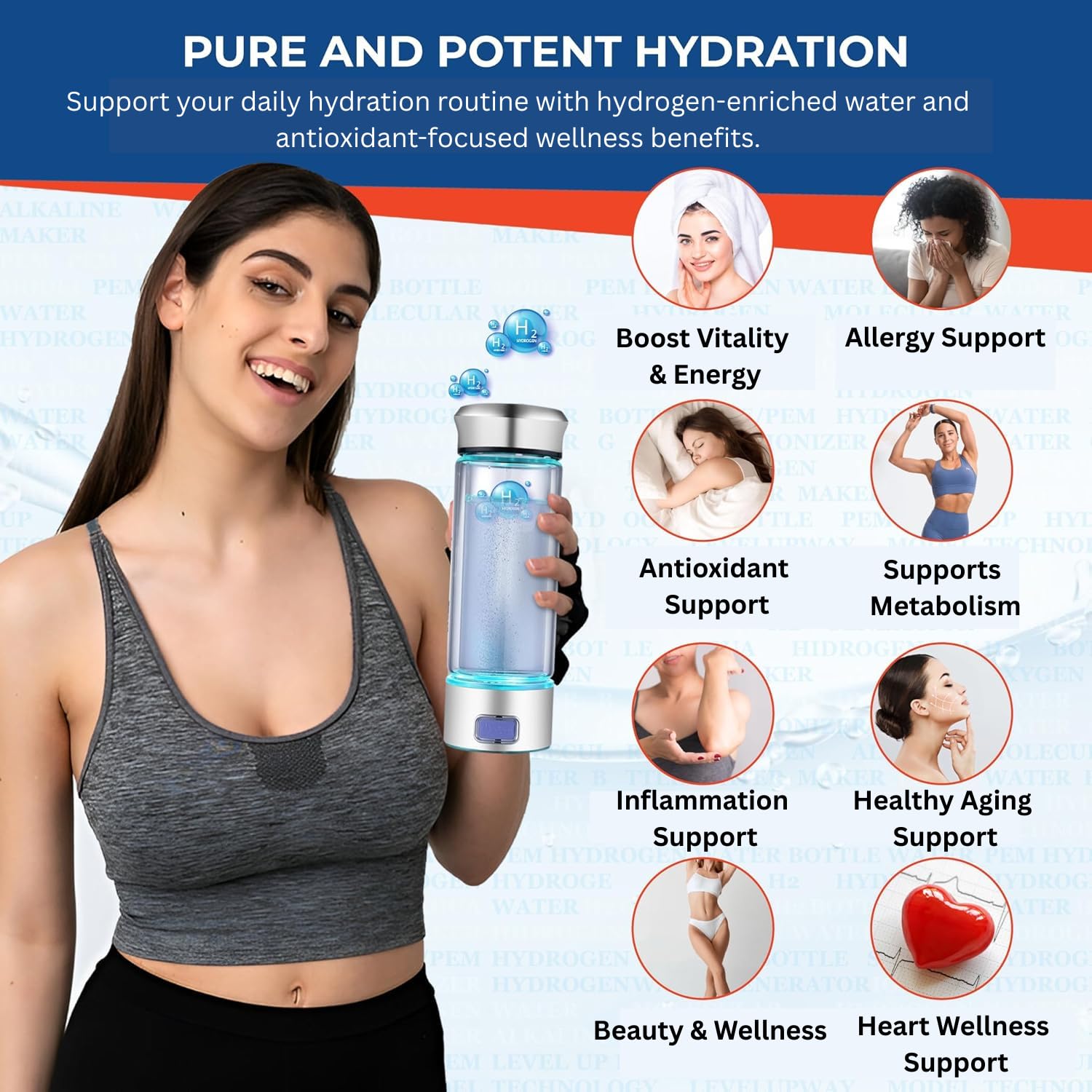 LevelUpWay - Botella de agua con generador de hidrógeno de vidrio, tecnología SPE PEM, ionizador de agua