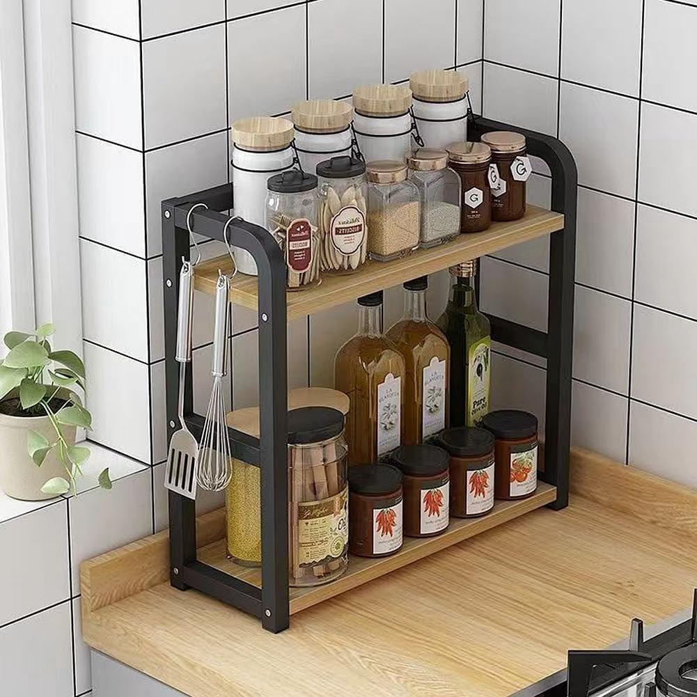 kitchen countertop stainless steel +wooden board 2-tier seasoning storage rack, kitchen desktop condiment can tank supplies organizer shelf (black+oak, 2-tier)