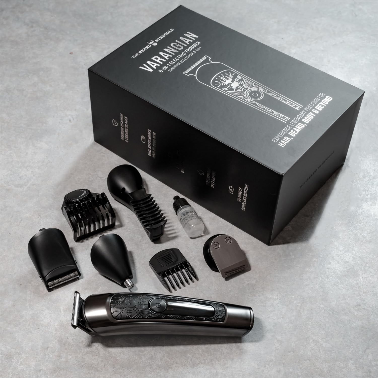 The Beard Struggle Varangian Bartschneider® 6-in-1 für Haare, Bart, Körper & darüber hinaus, Titan-Klinge, 17-fach verstellbare Klinge mit digitaler LED-Anzeige, kabellos, wasserdicht,