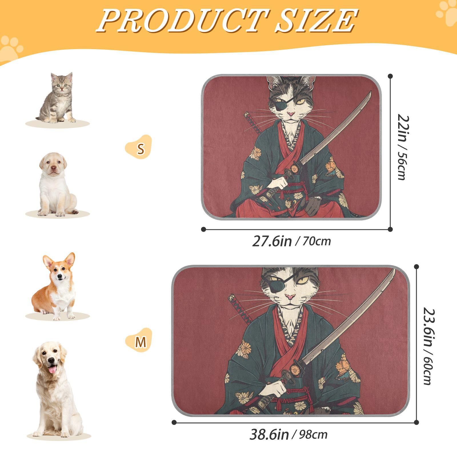 EtherSpher Cartoon Cute Japanese Cat Samurai Summer Cool pet pad Self Cooling Bed for Cats for Pets Indoor Cats Cute Camas frias para Perros M