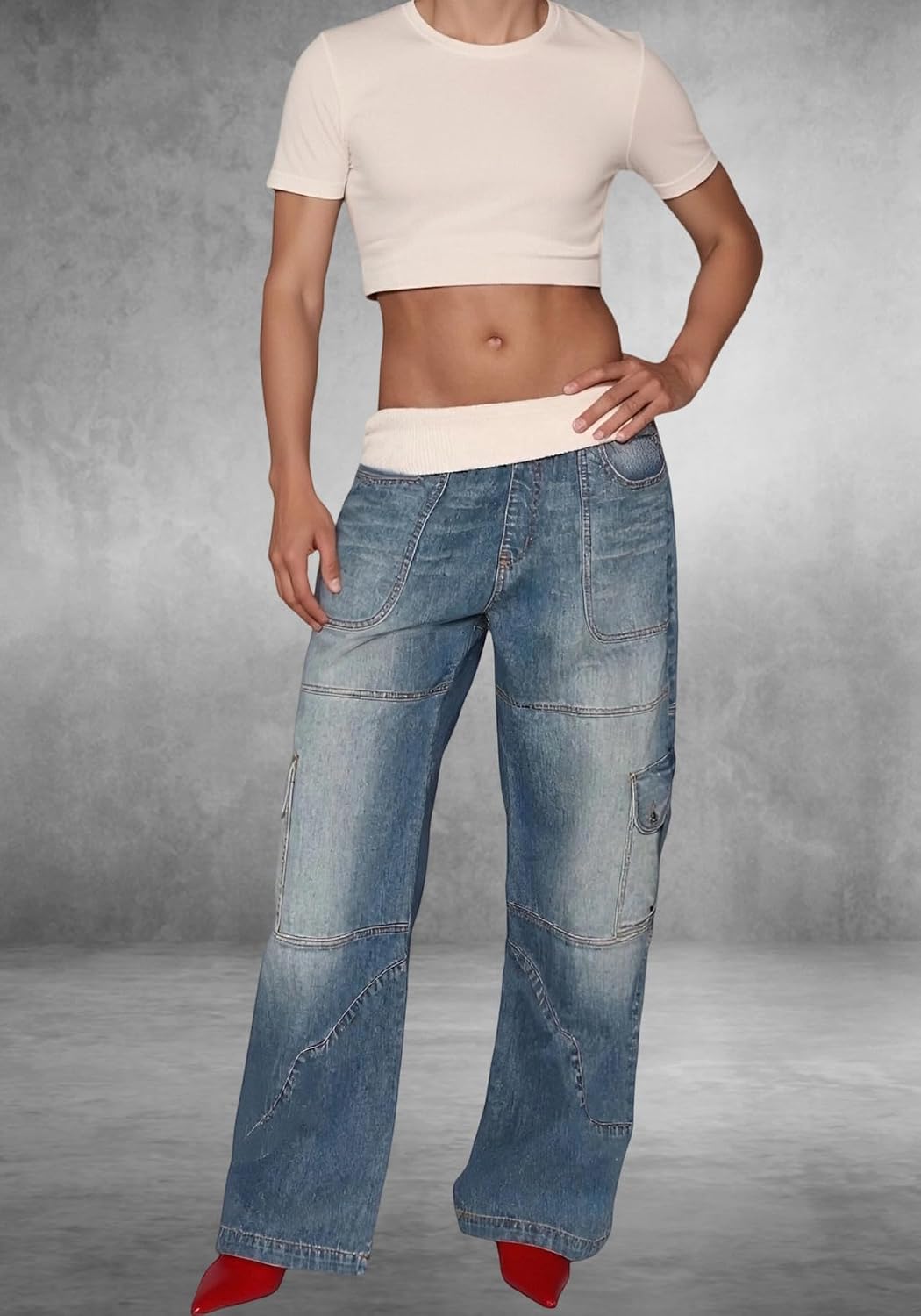 NRTHYE Women's Baggy Cargo Jeans Casual High Waisted Patchwork Denim Pants Straight Wide Leg Loose Streetwear Trousers
