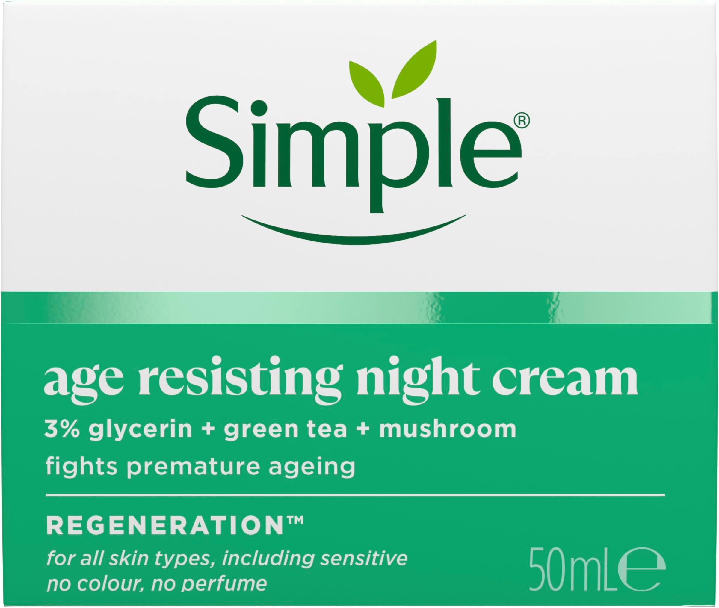 Simple Regeneration Age Resisting Night Cream with 3% Glycerin, Green Tea and Mushroom Extract Moisturiser for Overnight Skin Rejuvenation 50 ml