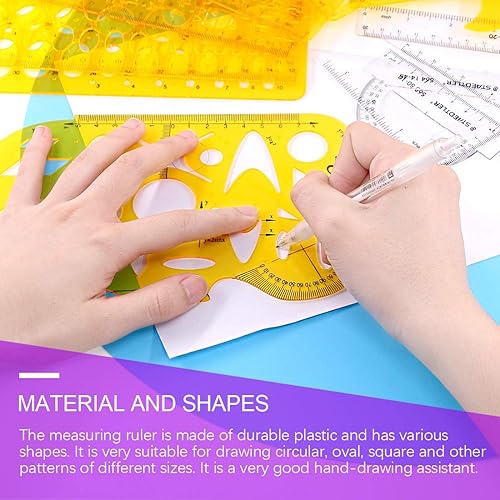 Miniatura 7 de Swpeet Kit de plantillas de dibujos geométricos amarillos de plástico de 18 piezas, 10 plantillas de dibujos geométricos diferentes con 2 lápices y