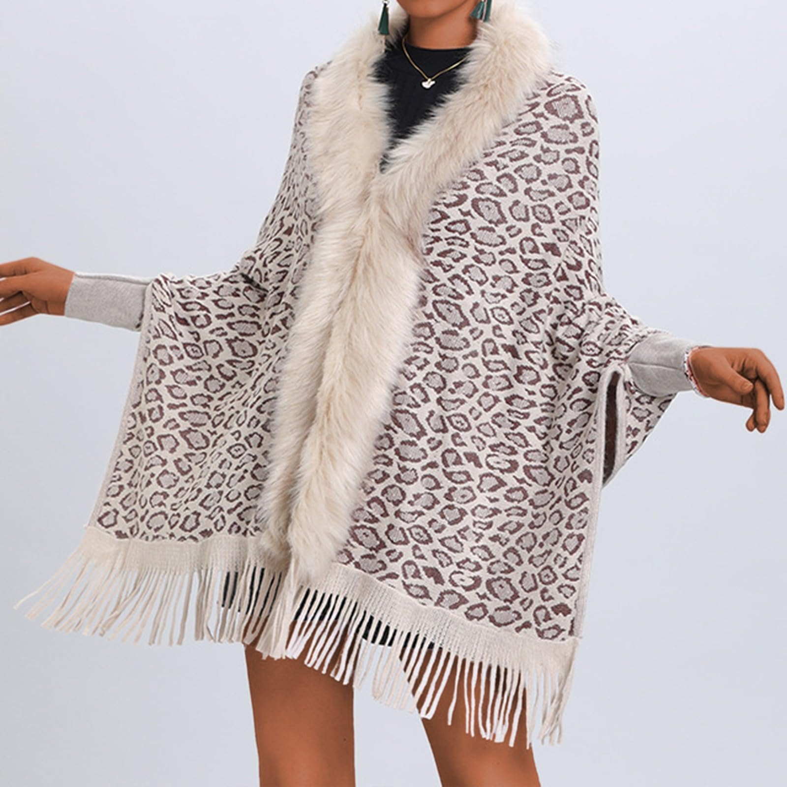 Pelz-Cardigans für Damen, Winter, Kunstfell, Stola, warm, Wickelumhang, Leopardenmuster, Poncho, Umhang, Quaste, lockere Streetwear, Übermantel, Schals für Abendkleider