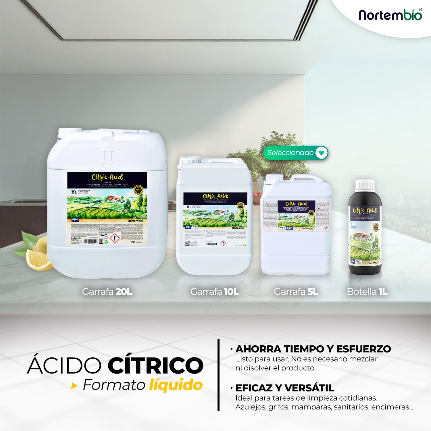 Nortembio Ácido Cítrico Ecológico 5 L Líquido Concentrado 100 % Puro Certificado, Insumo para Producción Ecológica, Limpieza Doméstica Multiusos +eBook Usos y Consejos Incluido