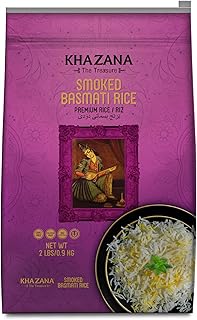 Authentic Smoked Basmati Rice by Khazana in 2 lb Resealable Zipper Bag - Aromatic and Flavorful Indian Grain - Non-GMO, Gluten Free, Kosher, Cholesterol Free