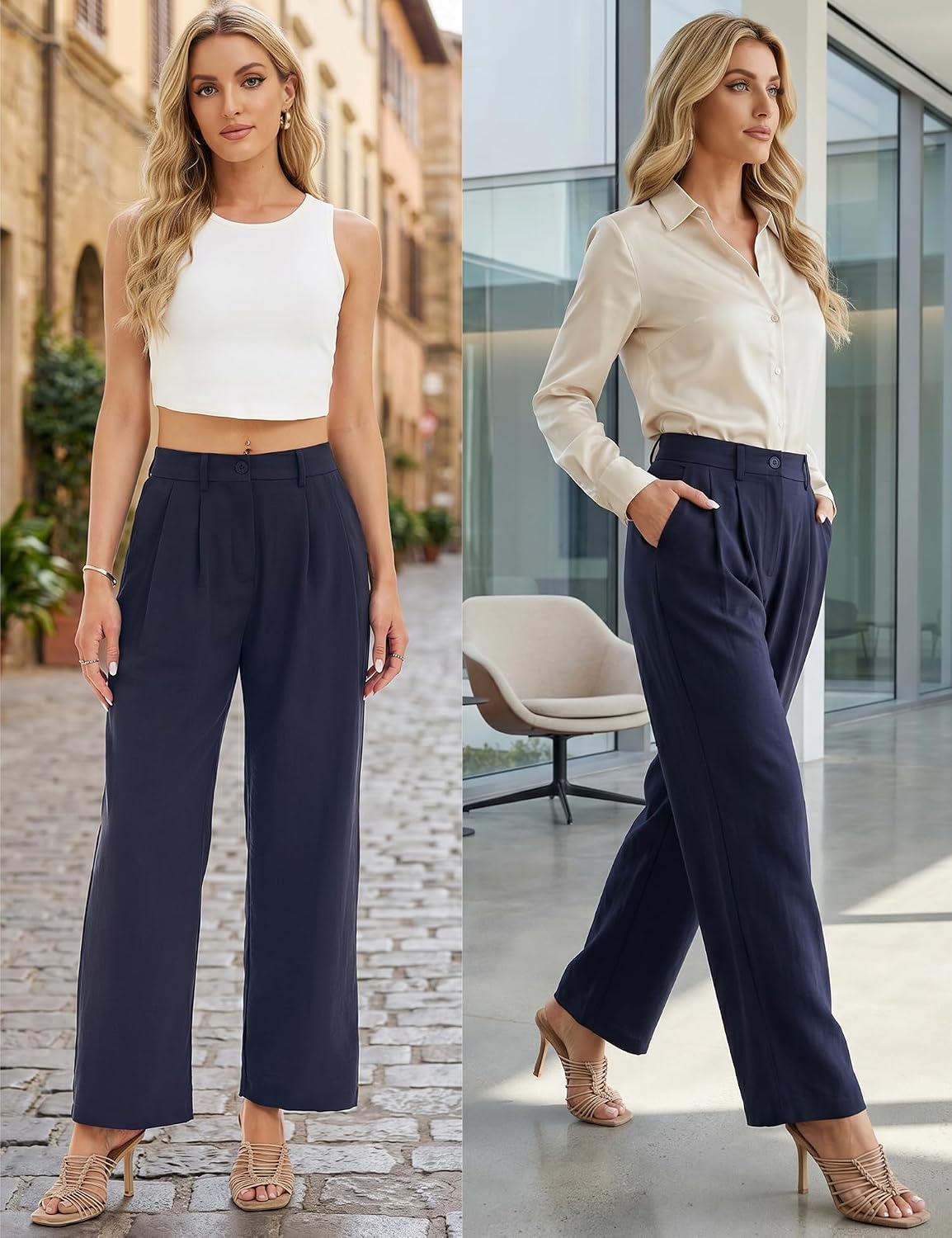 Womens Casual Wide Leg Pants High Waisted Button Down Straight Long Trousers Palazzo Pants